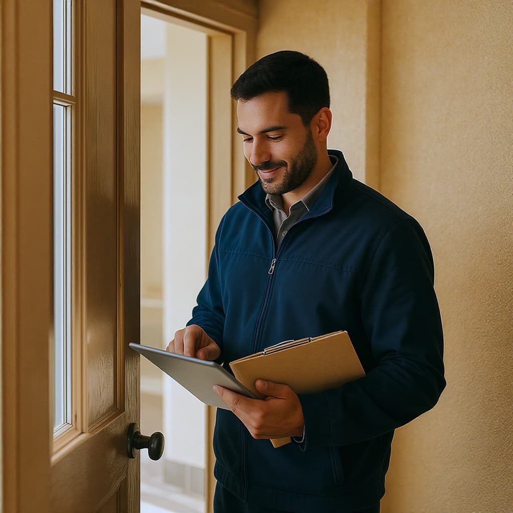 Snagmark inspector at the doorway of a residential unit, confirming a walkthrough booking on a tablet, clipboard in hand.