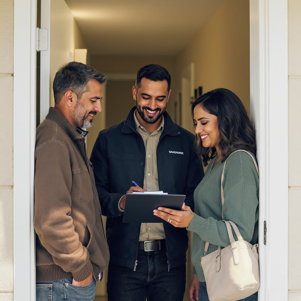 Snagmark inspector between landlord and tenant at the open doorway of a residential unit, reviewing the clipboard together just before both signatures are collected.