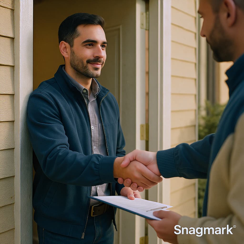 Snagmark inspector at the open front door of a residential unit, sharing a quiet moment of agreement with a signed clipboard.